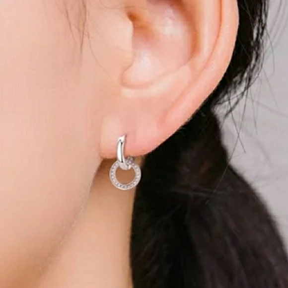 NEW 925 Sterling Silver Dangle Pave Diamond Hoop Huggie Earrings - Picture 3 of 6